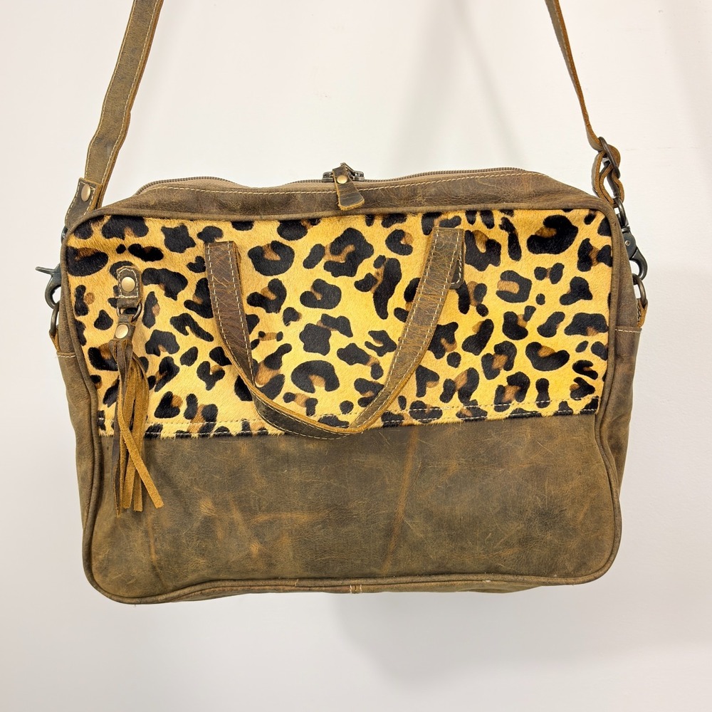 Myra Bag Brown Cheeta Leather, Leopard Hair on Cowhide Laptop Bag Fringe Western